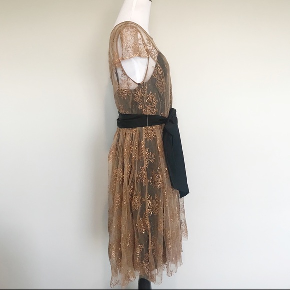 Anthro Moulinette Soeurs Gold Lace Overlay Dress - Picture 4 of 8